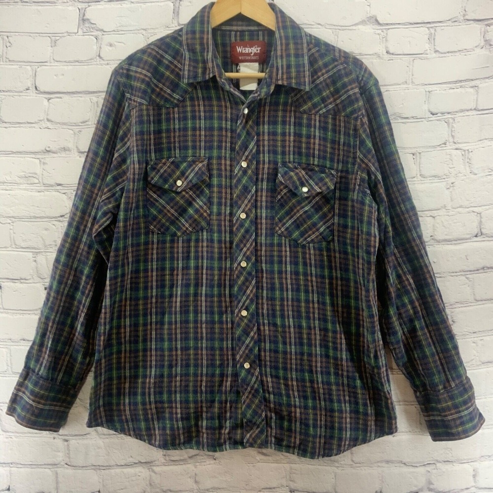 Wrangler Western Shirts Mens Sz L Plaid Pearl Snaps‎ Green Long Sleeves